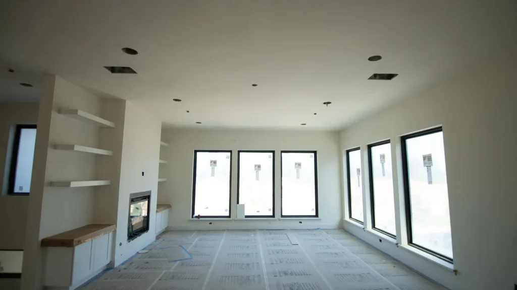 The living room, with its fireplace niche and a wall of windows.