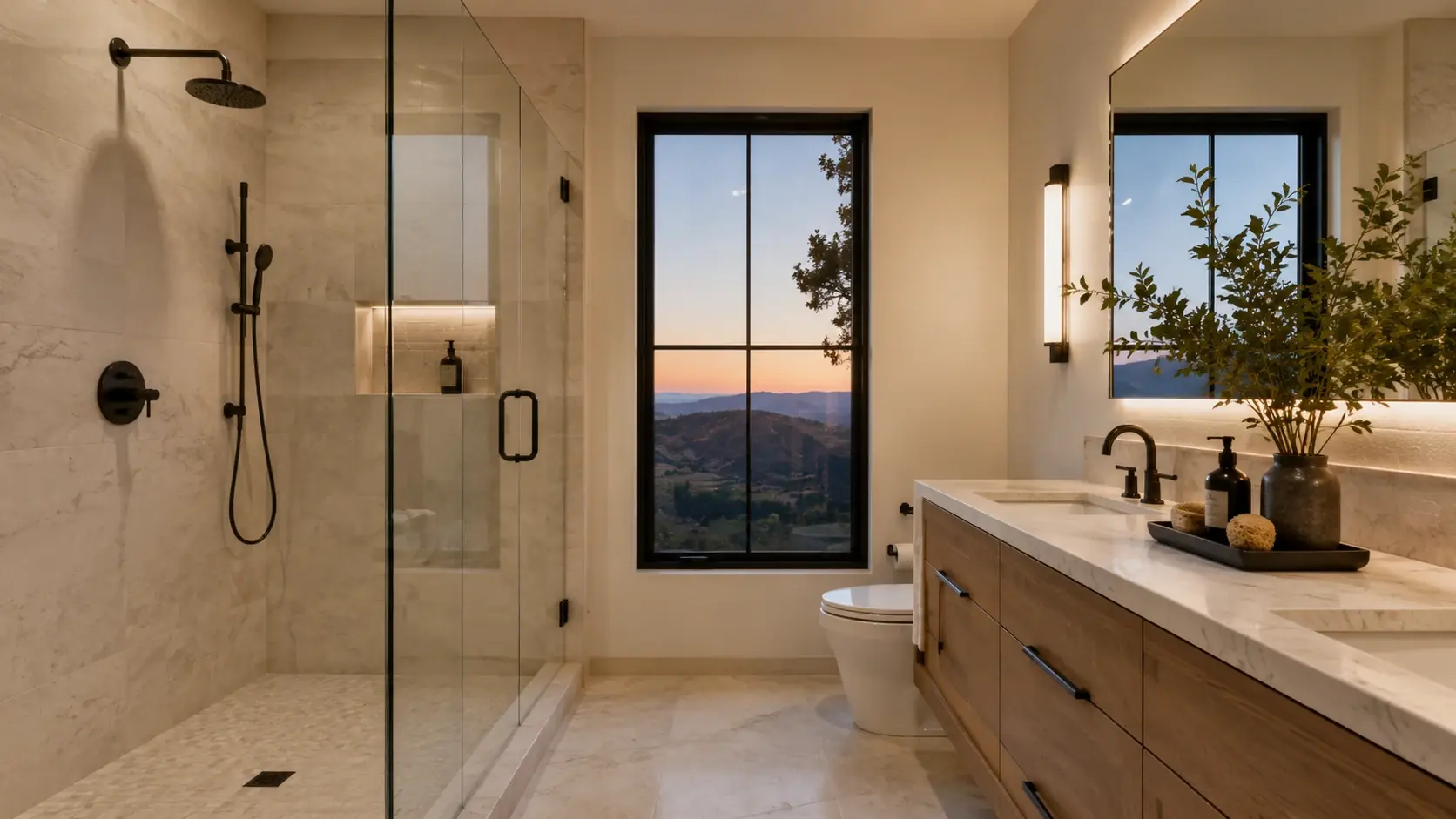 A stone vanity and walk-in shower, part of a specified finish package.