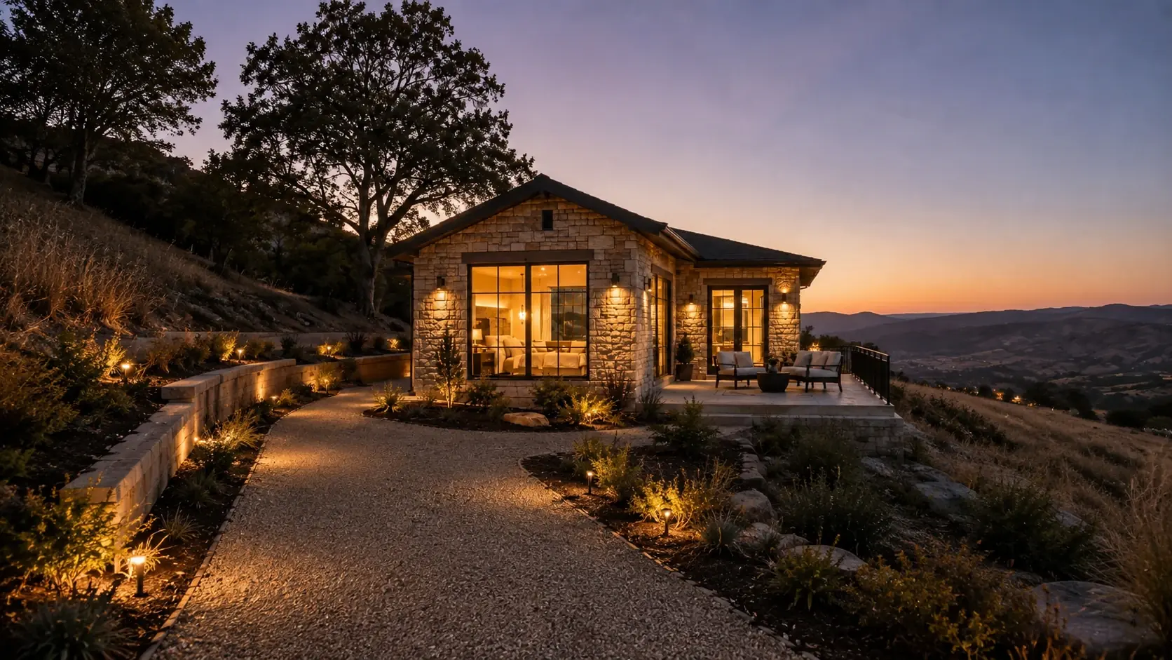 A completed studio ADU on a hillside lot at dusk, its path lit to the door.