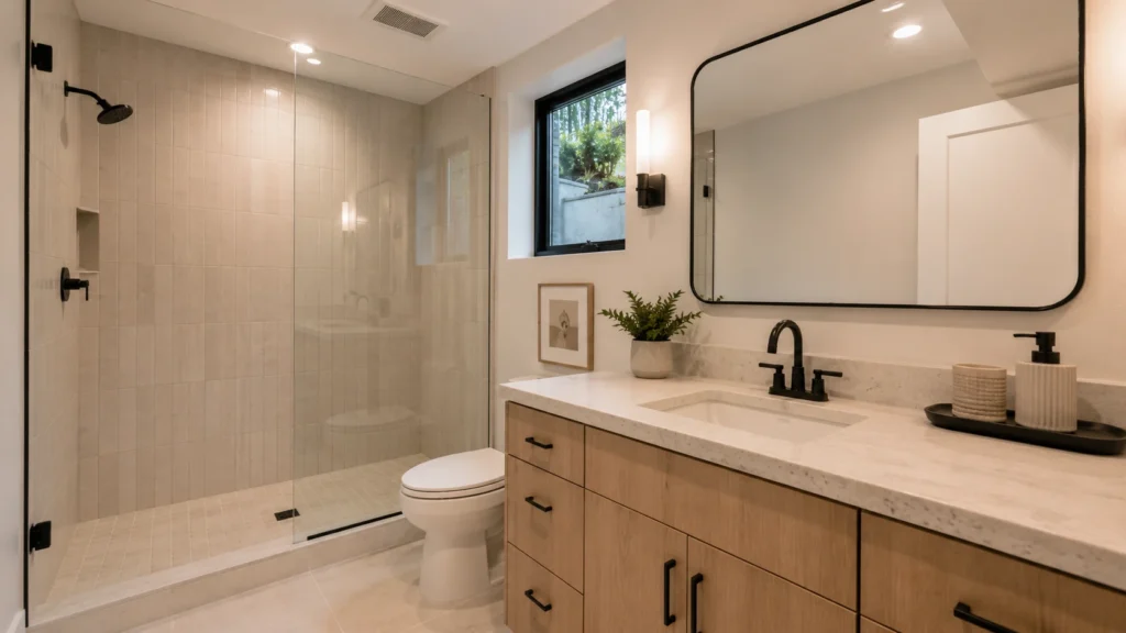The bathroom, with a glass shower, a light oak vanity and a high window.
