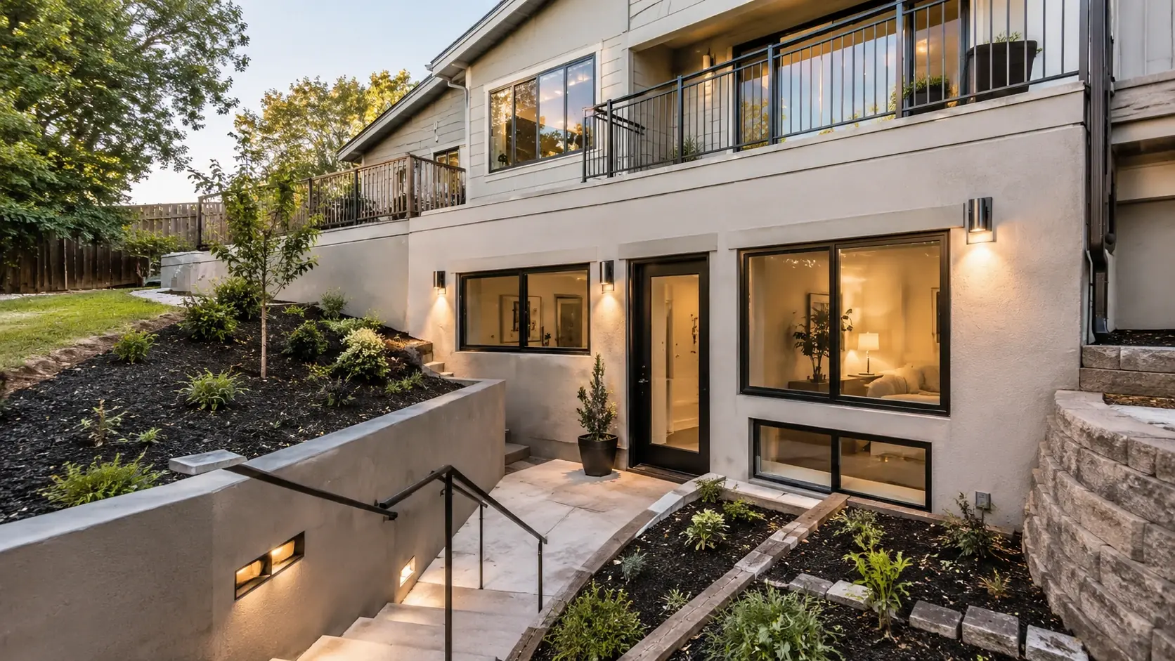 The lower-level suite from the garden, its windows and door opening onto a sunken patio.