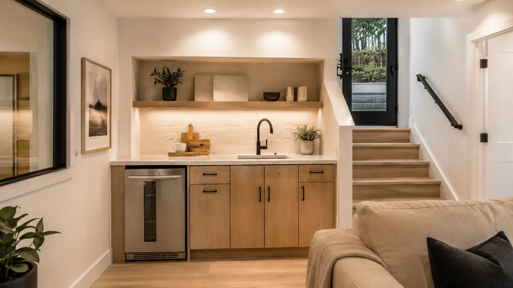 Built-in oak cabinetry and open shelving in a compact kitchenette.