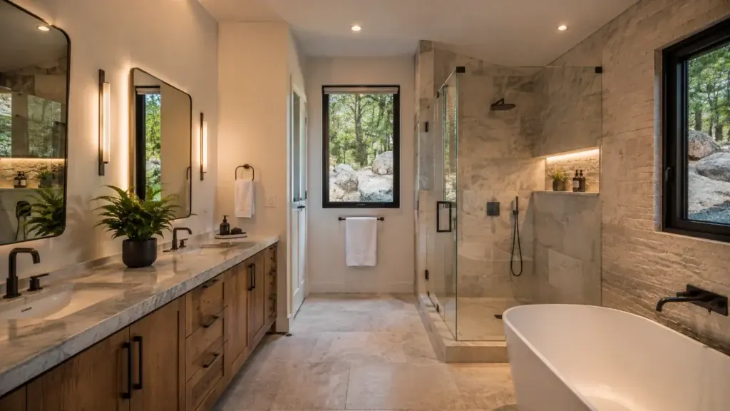 The bathroom, with a freestanding tub, a glass shower and a double stone vanity.