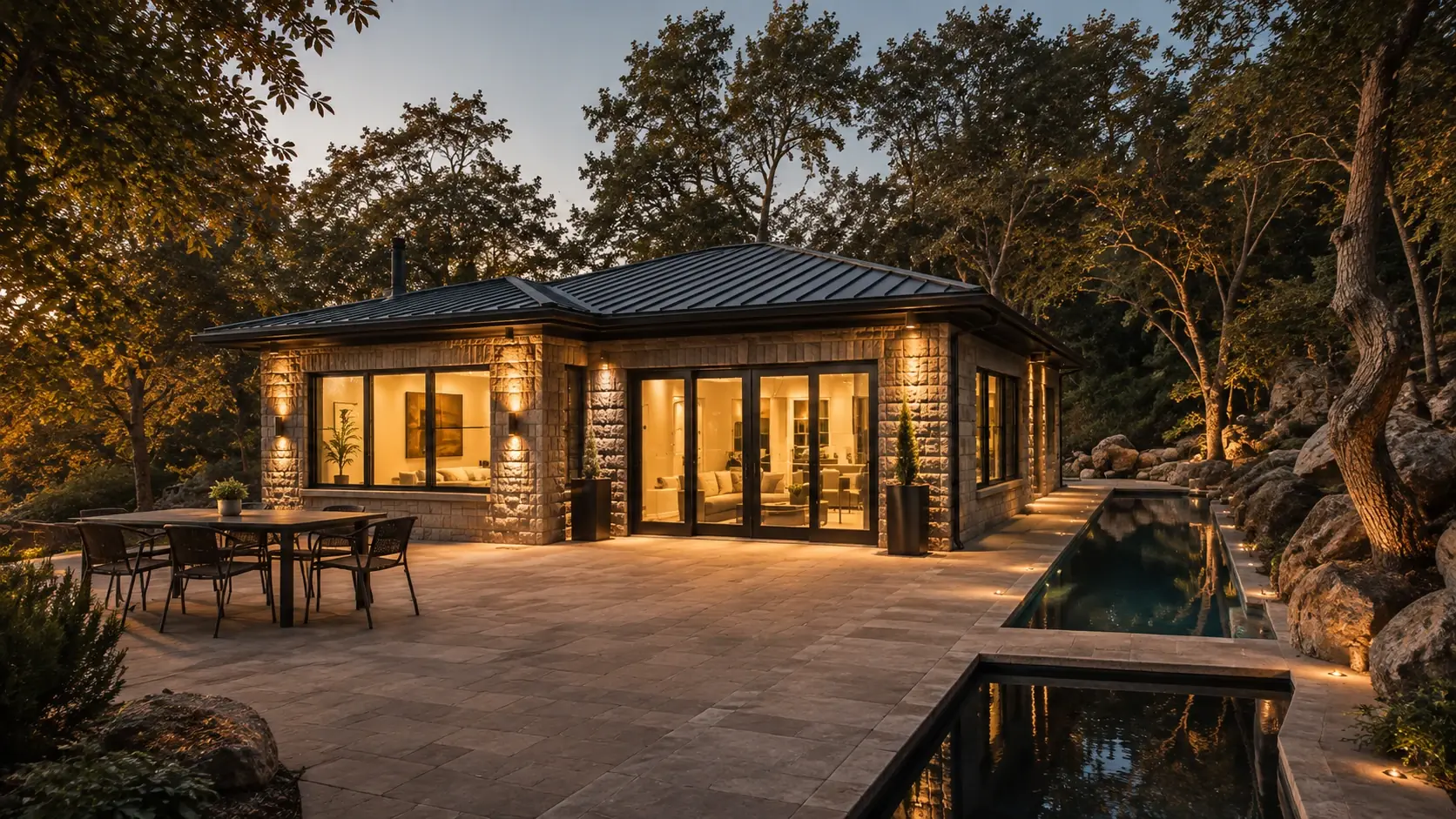 A completed ADU at golden hour, its terrace and pool set among the oaks.