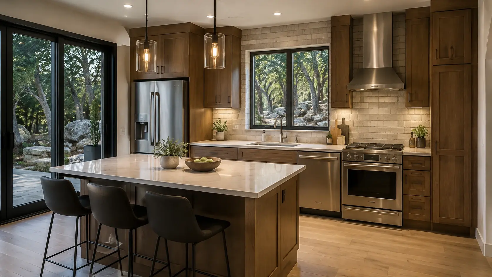 A kitchen with a stone island and walnut cabinets in a completed Nova ADU.