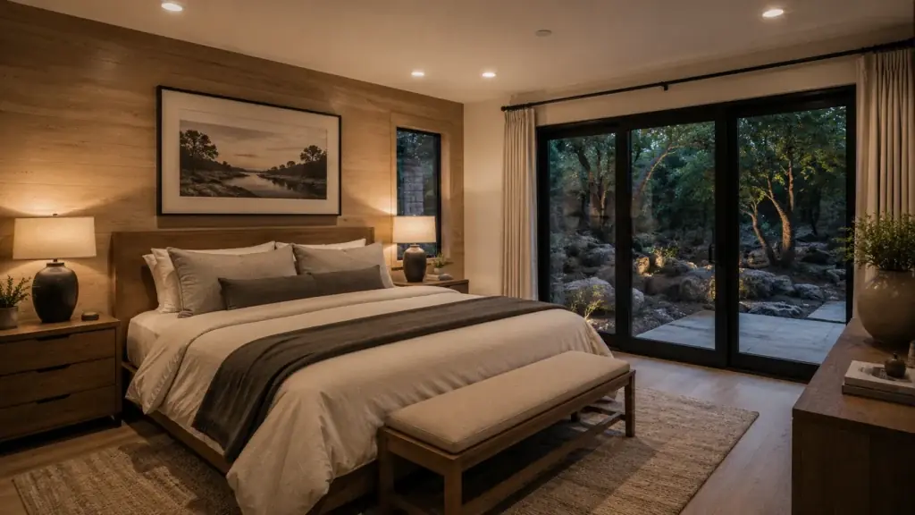 The primary bedroom, with a timber-panelled wall and sliding doors to the terrace.