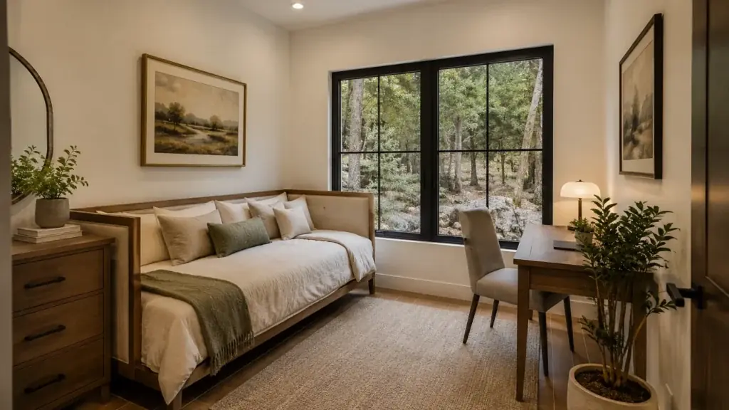 The second bedroom set up as an office, with a daybed and a desk at the window.