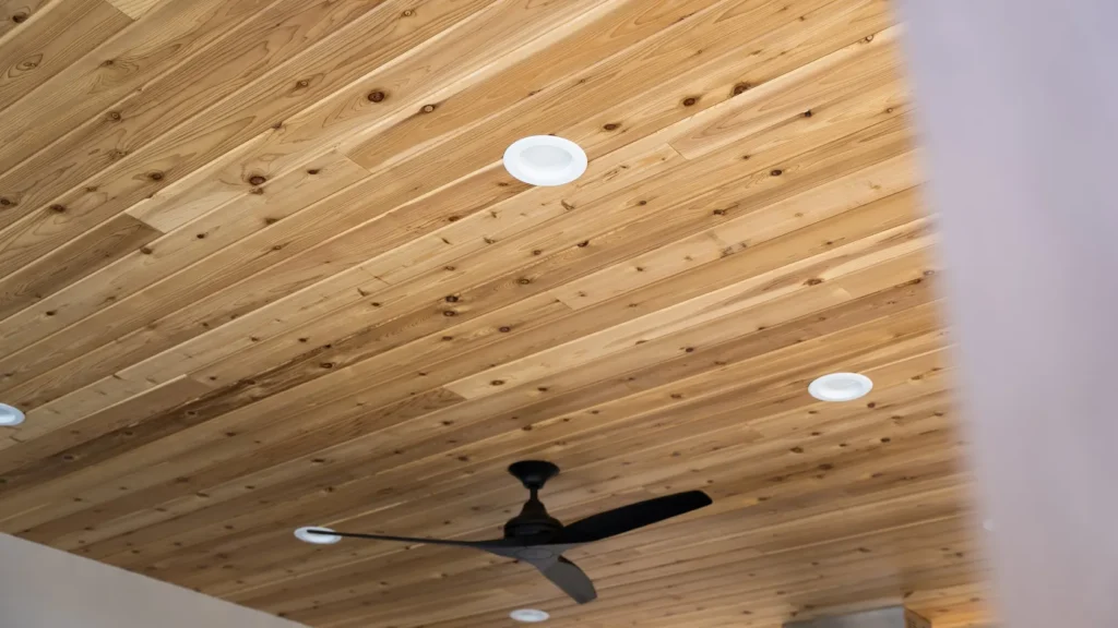 The cedar-clad ceiling of the covered terrace.