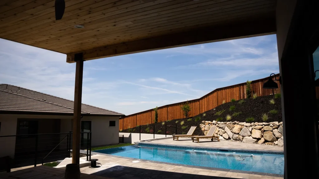 Looking out from the covered terrace to the pool and the hills.