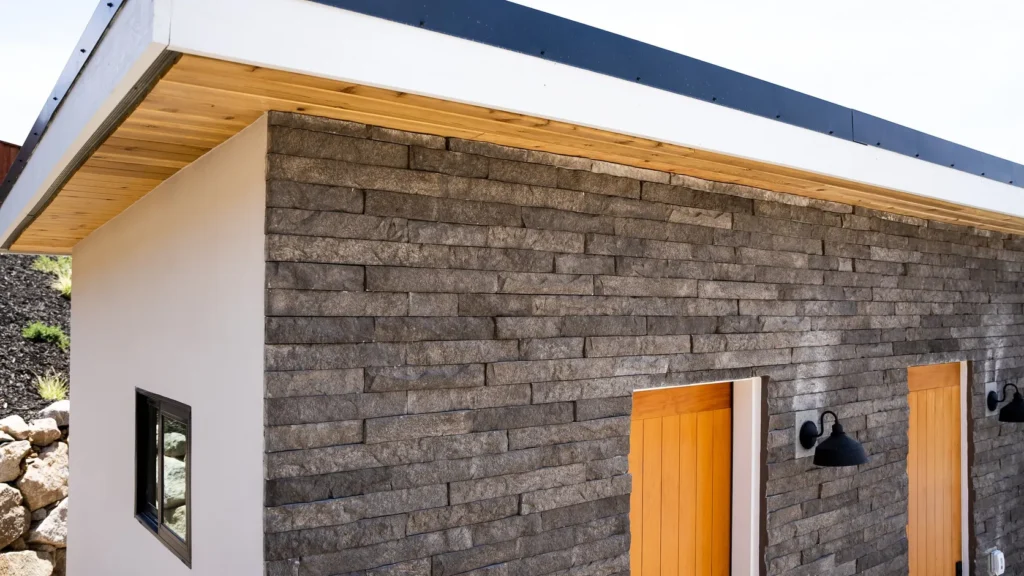 Stone masonry meeting the flat roofline, with a timber door beyond.