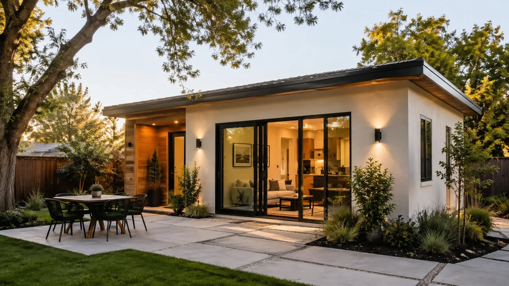 A detached backyard ADU at dusk, its glazed living space open to the garden.