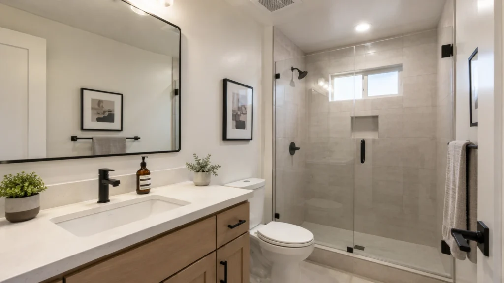 The bathroom, with a glass shower, a timber vanity and a high window.