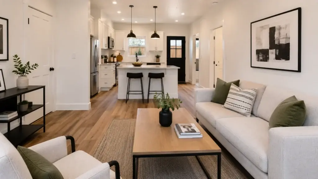 A unit living area, with a sofa facing the kitchen and island beyond.