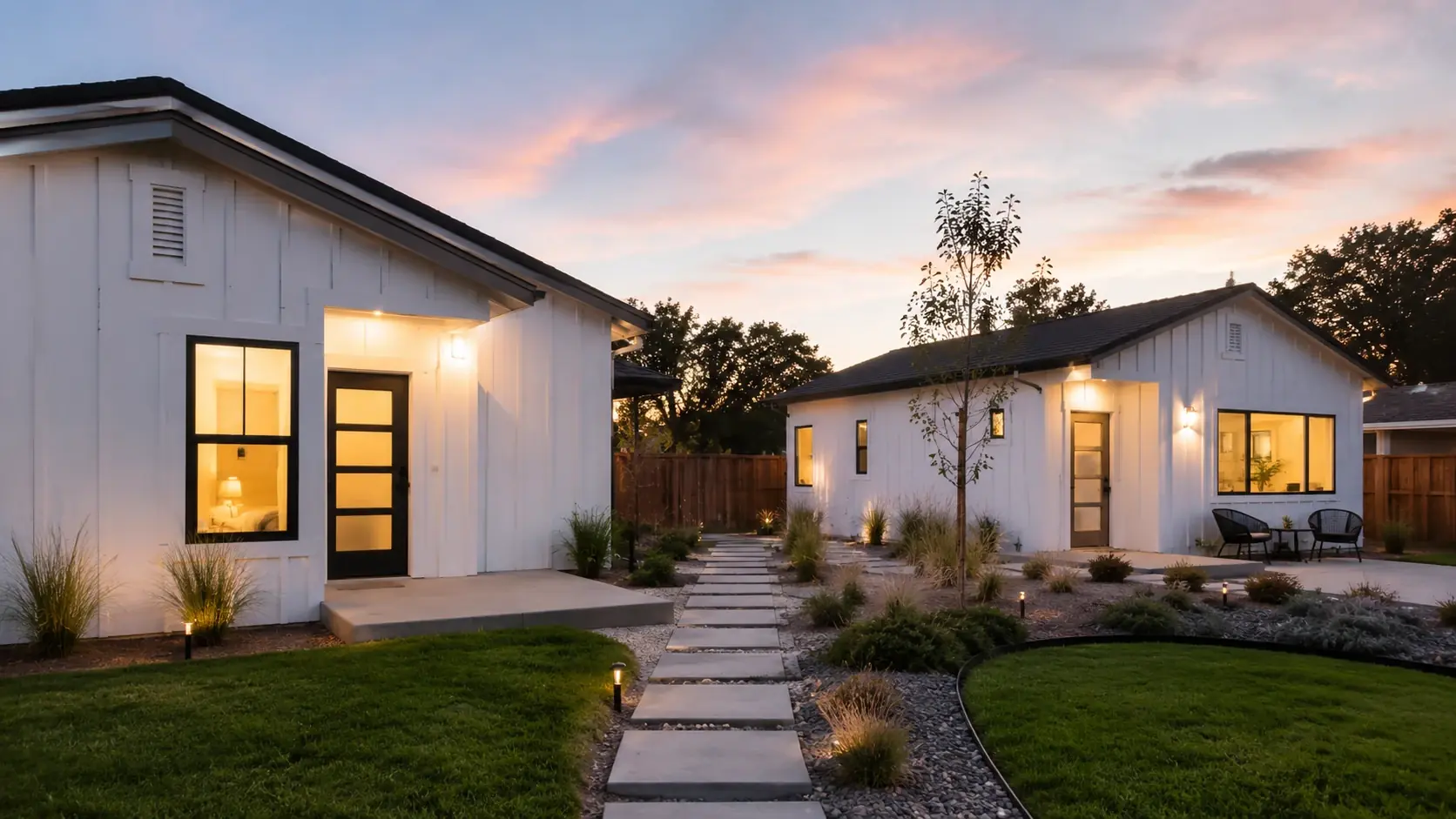 Two white board-and-batten units on one lot, joined by a paved path at dusk.