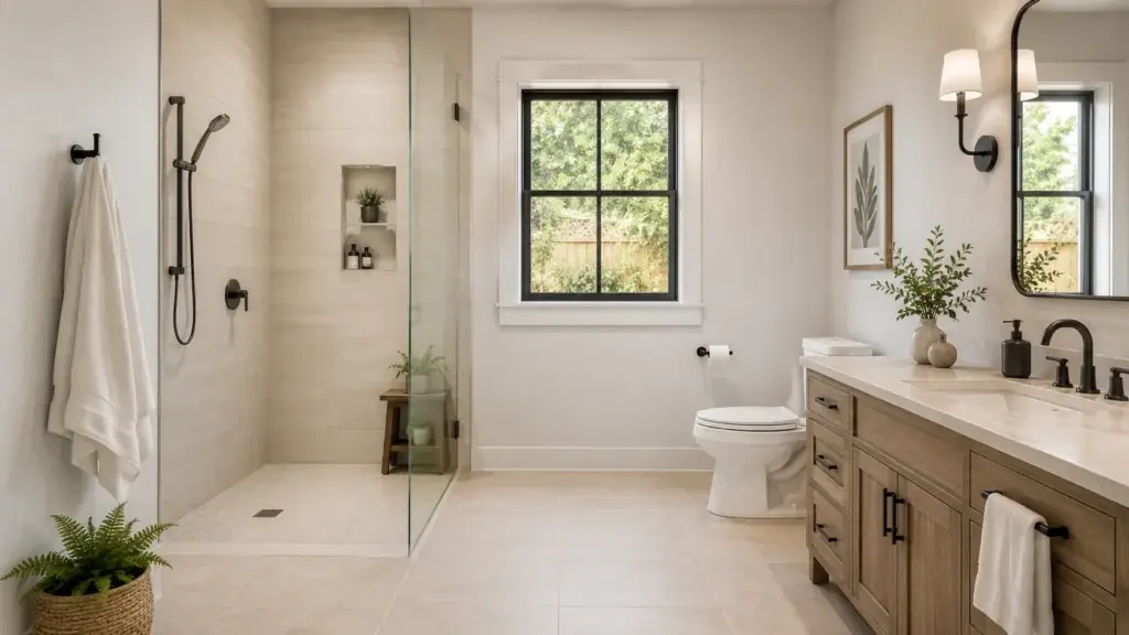 The bathroom, with a glass walk-in shower and an oak vanity beside a window.