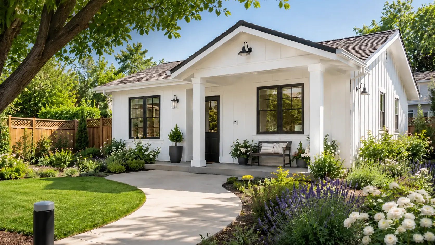 The guest suite from the garden, its covered porch facing a curved path across the lawn.