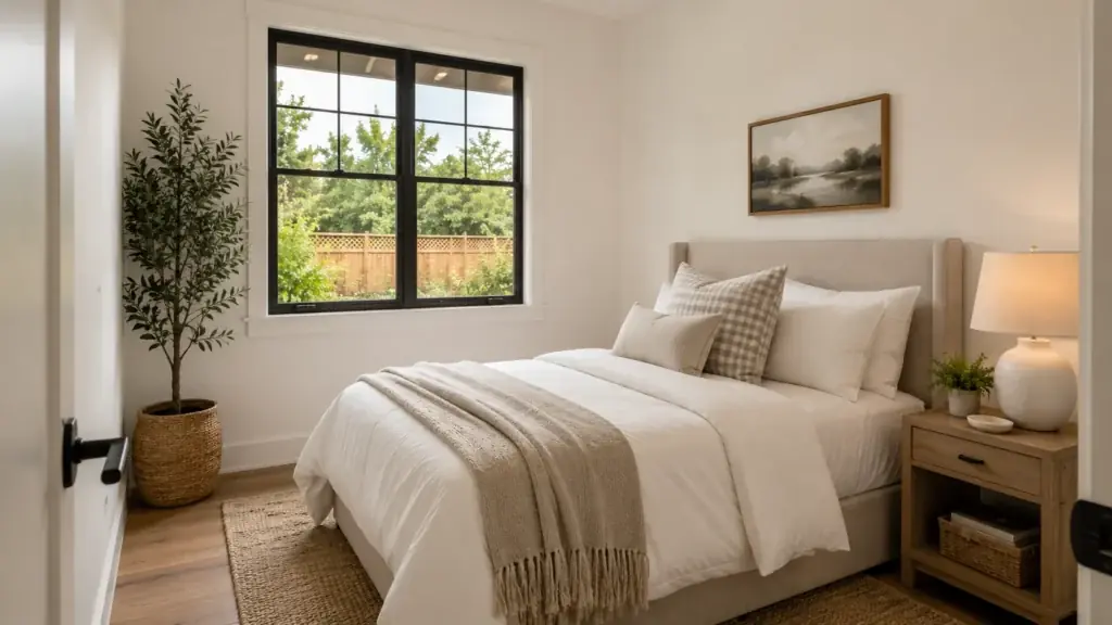 A bedroom with a woven rug, matching nightstands and a window onto the garden.