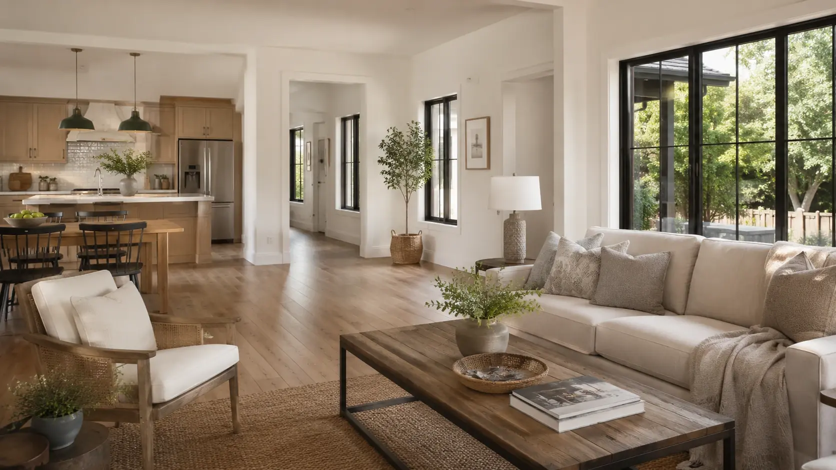 The living area of a completed ADU, with a sofa facing the garden and the kitchen beyond.