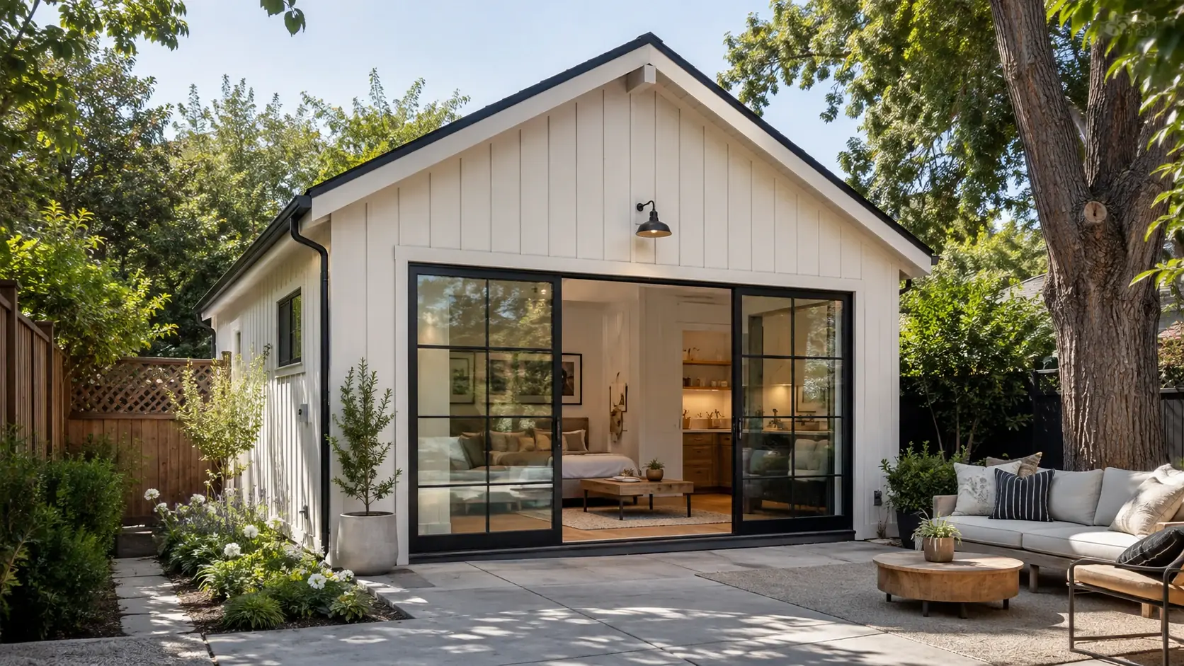 The converted garage from the patio, a full-width glazed opening in place of the garage door.