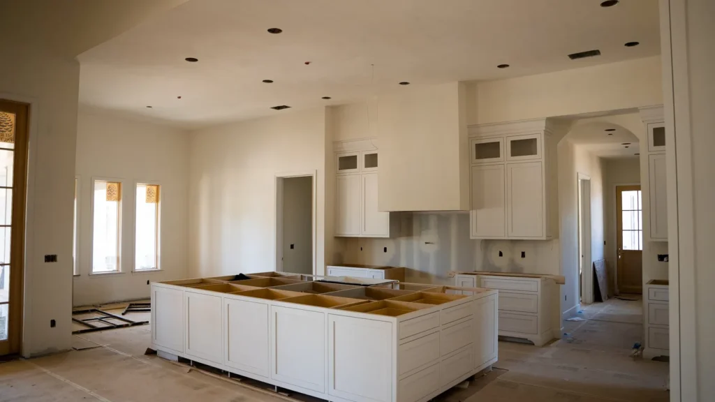 The kitchen at rough finish, island and cabinet runs in place.