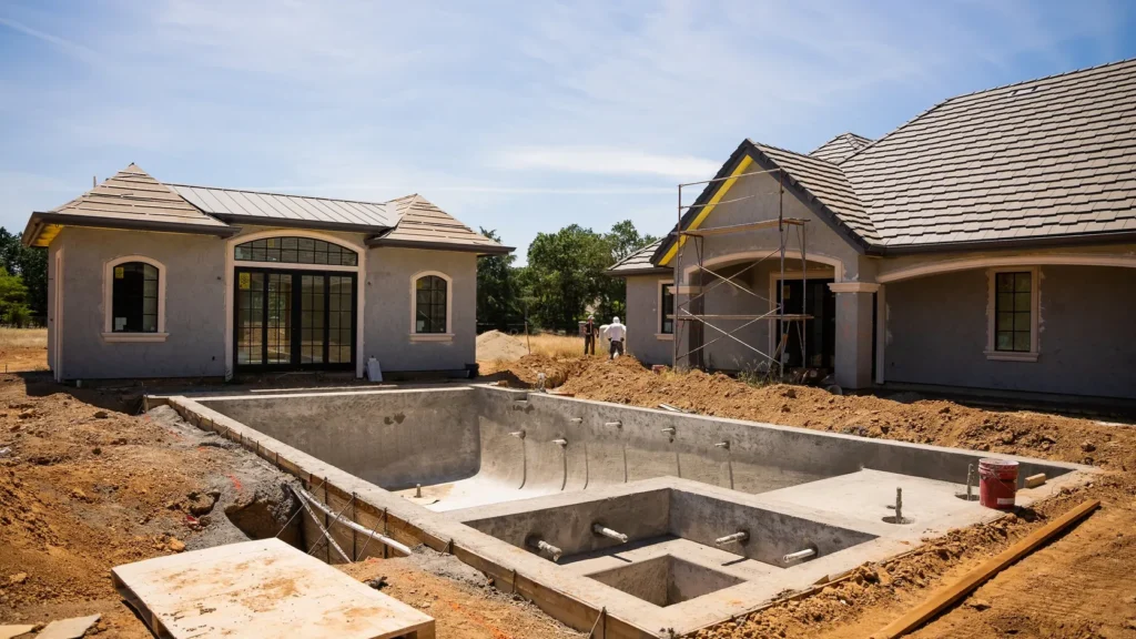 The pool shell formed and poured behind the house.