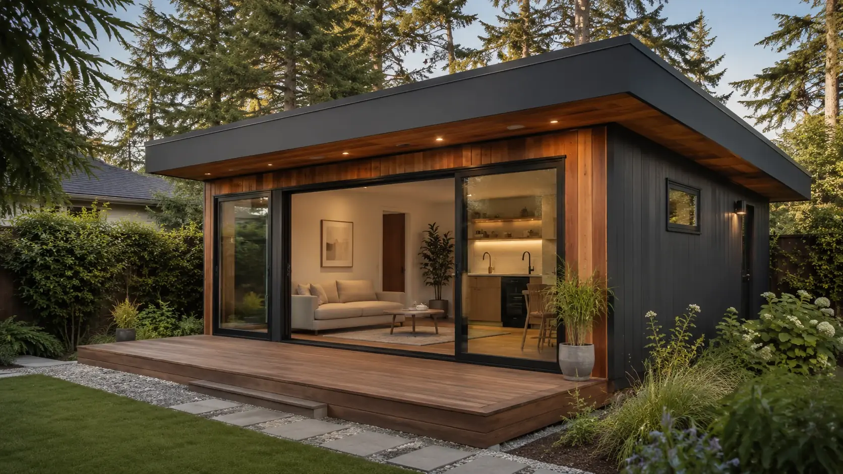 A newly completed detached ADU seen across the garden it was built in.