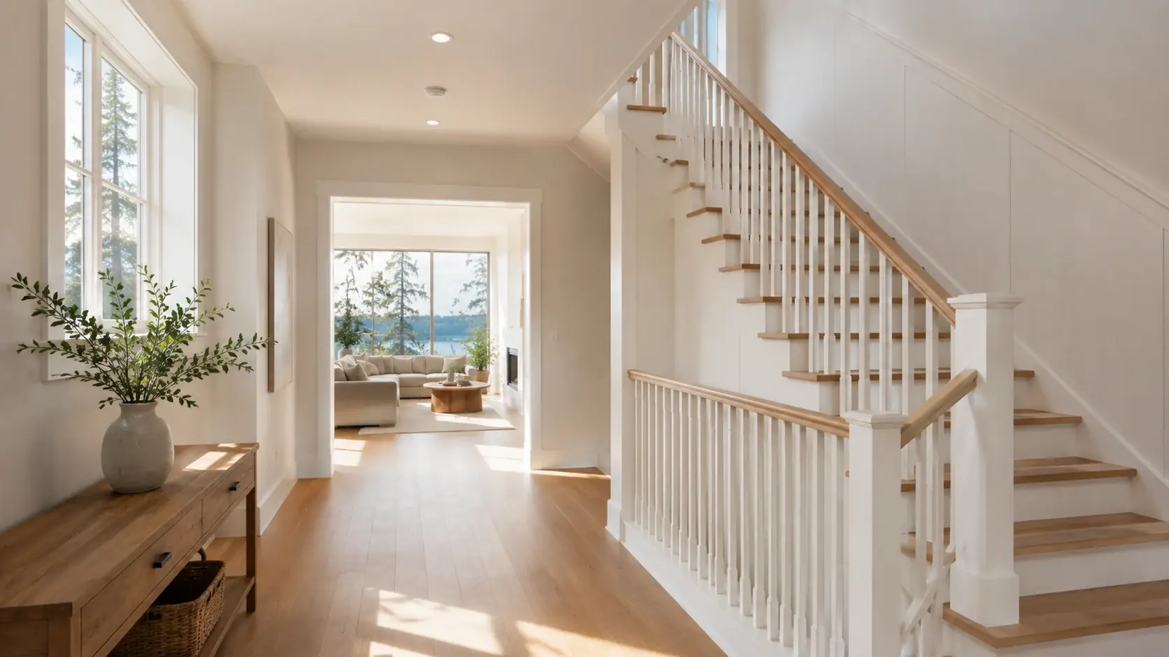 A light-filled hallway and stair in a newly designed home.