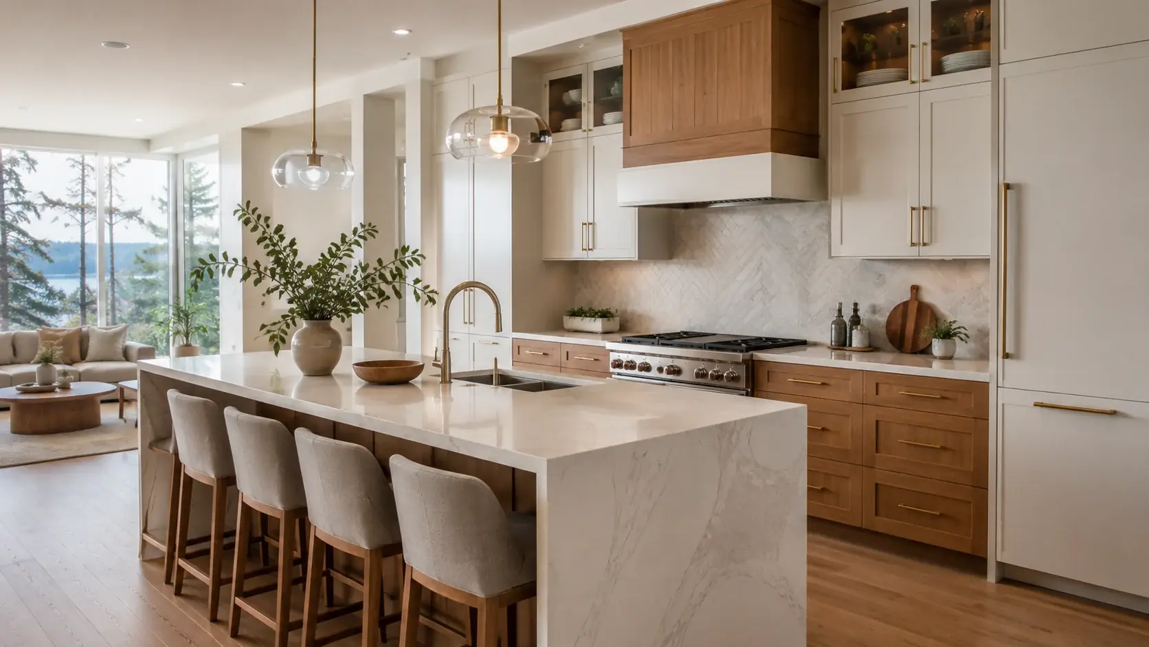A compact kitchen with a wood-fronted island inside a converted unit.