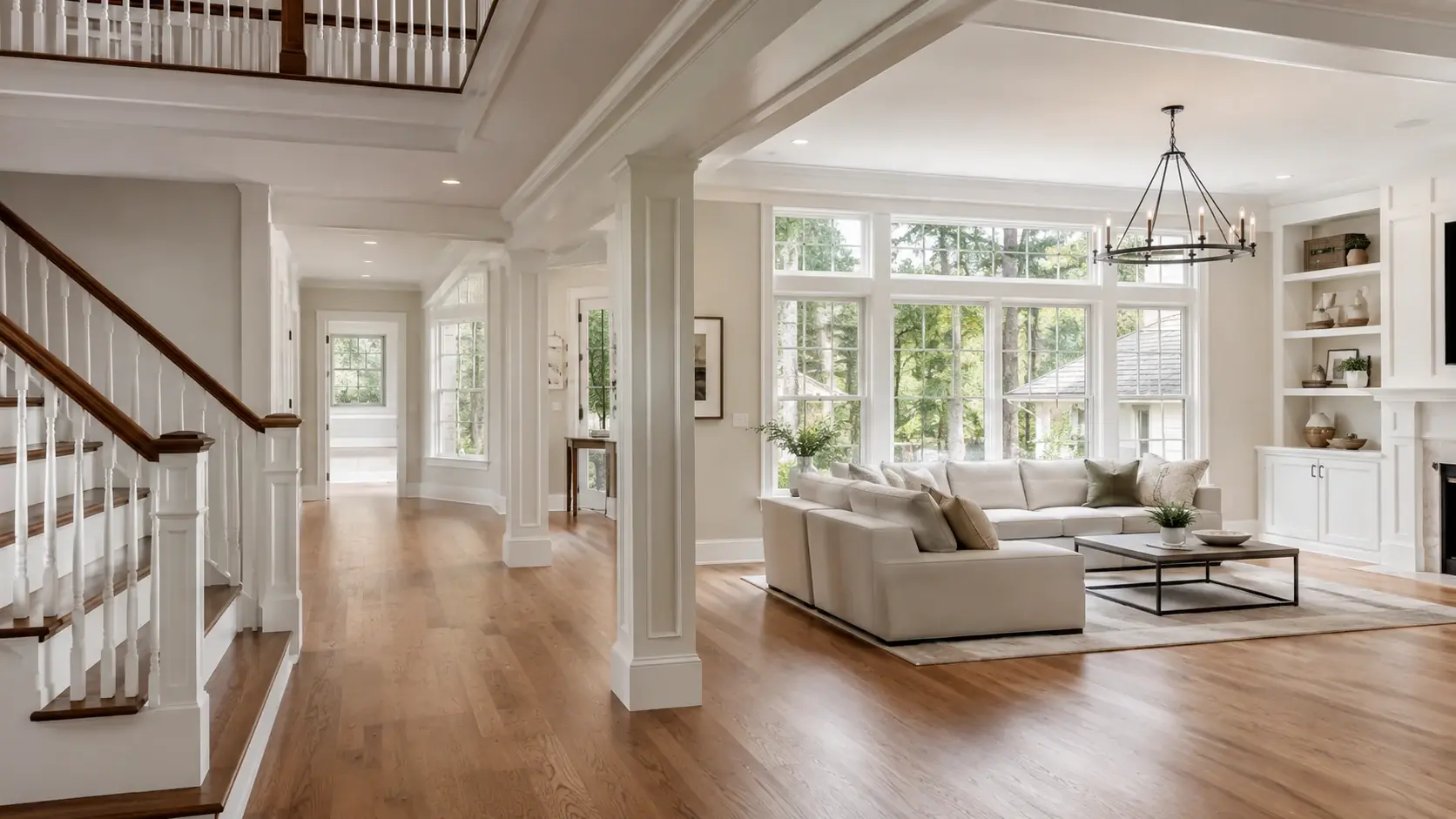 An attached addition with an open stair and a light-filled living area.