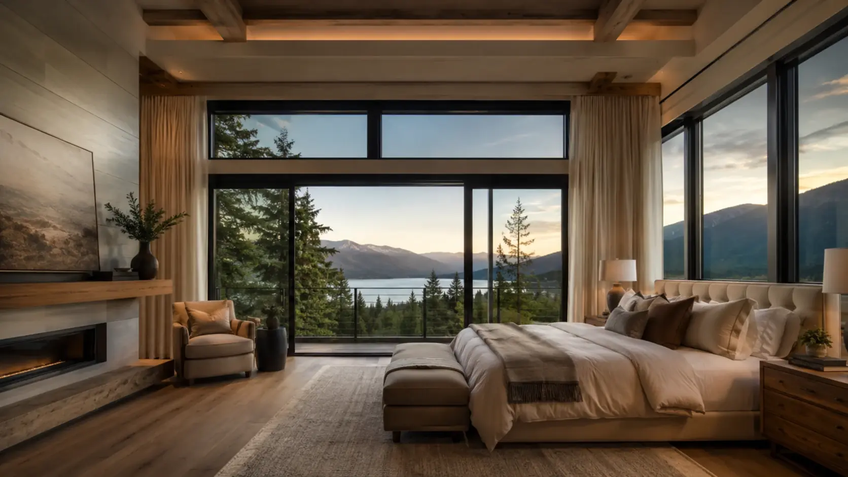 A finished bedroom in a newly built unit, glazed to the treeline.